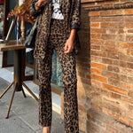 Wild Personality Leopard Pocket Relaxed Lapel Blazer and Elastic Waist Pants Set