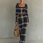 Women's Minimalist Check Knit Belted Square Neck Maxi Dress
