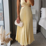 V Neck Cut Out Waist Sleeveless Pleated Maxi Dress
