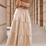 Oatmeal Crossover Backless Bodice Tiered Maxi Dress