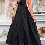 Bohemian Style V-neck Backless Slip Layered Vacation Maxi Dress