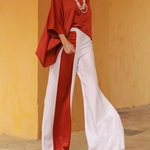 Batwing Sleeves Half Sleeves Solid Color Top + Contrast Color Wide Leg Pants Two Pieces Set