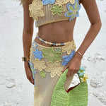 Luxe Knit Crochet Handmade Flower Beaded Waist Stretch Maxi Skirt