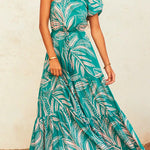 One Shoulder Drawstring Waist Printed Flowy Maxi Dress