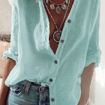 Ladies Cotton Linen Solid Color Pull-Sleeve Loose V-Neck Long-Sleeve Shirt