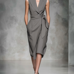 Women's Elegant Gray Sleeveless Collared Suit Dress With Belt