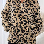 Leopard print plush half-zip stand collar top