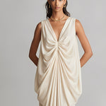 Women's Ivory Satin Dress With Deep V-Neck & Ruched Knot Detail, Timeless Luxe-Romantic Style Dress