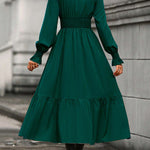A-Line Flared Sleeves Elasticity Pleated Solid Color V-Neck Midi Dresses