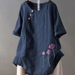 Women'S Embroidered Cotton And Linen O-Neck Button Short Sleeve Blouse