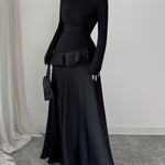 A-Line High Waisted Ruffle Trim Solid Color Split-Joint Round-Neck Maxi Dresses