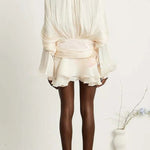 Ninah Glitter Fabric Pleated Balloon Sleeve Tiered Ruffle Hem Mini Dress