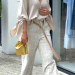 Joyful Bond Crochet Lace Mid Rise Pocketed Wide-leg Pants