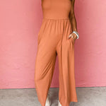Orange Solid Color Spaghetti Straps Wide Leg Jumpsuit
