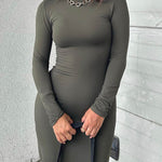 Bodycon Long Sleeves Solid Color Split-Joint Round-Neck Maxi Dresses