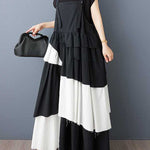 A-Line Loose Asymmetric Buttoned Pleated Spaghetti-Neck Maxi Dresses Suspender Dress