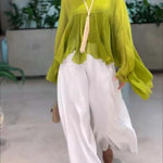 Romantic Journey Chiffon Ruffle Batwing Sleeve Top and Elastic Waist Pocket Loose Pants Set