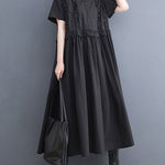 Simple Short Sleeves Loose Buttoned Falbala Split-Joint Solid Color Midi Shirt Dress