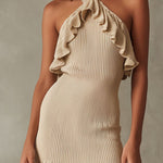 Elegant Soft Beige Ribbed Knit Pleated Ruffle Halter Midi Dress