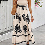 A-Line Loose Elasticity Pleated Printed Split-Joint Square-Neck Maxi Dresses