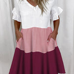 A-Line High Waisted Contrast Color Pleated Pockets Printed Split-Joint V-Neck Midi Dresses