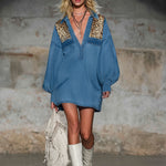 Lapel Collardenim And Leopard Print Patchwork Long-sleeved Mini Dress