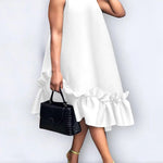 A-Line High Waisted Pleated Pockets Ruffle Trim Solid Color Round-Neck Midi Dresses
