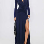 A-Line Bodycon Pleated Solid Color Split-Joint Split-Side Deep V-Neck Maxi Dresses