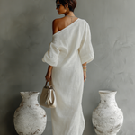 Women's Ivory White Cotton-Linen Blend One-Shoulder Flowing Elegant Dress