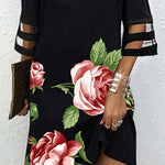 Half Sleeves Loose Flower Print Hollow Mesh Split-Joint Cold Shoulder Mini Dresses