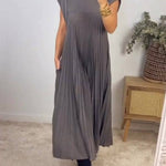 A-Line High Waisted Pleated Pockets Solid Color Split-Joint Round-Neck Maxi Dresses