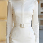 High-Neck Belted Long-Sleeve Pleated Midi Dress