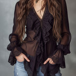 Retro Romantic Black Lace Trim Sheer Chiffon Ruffle Blouse