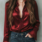 Elegant Burgundy Lace Trim Satin Blouse With Flared Cuffs