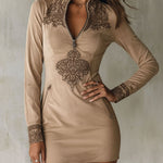 Vintage Beige Zip-Up Embroidered Microsuede Mini Dress With Pockets