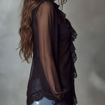 Retro Romantic Black Lace Trim Sheer Chiffon Ruffle Blouse