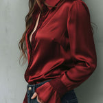 Elegant Burgundy Lace Trim Satin Blouse With Flared Cuffs