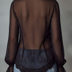Retro Romantic Black Lace Trim Sheer Chiffon Ruffle Blouse