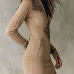 Vintage Beige Zip-Up Embroidered Microsuede Mini Dress With Pockets