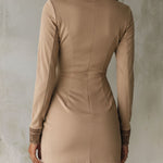 Vintage Beige Zip-Up Embroidered Microsuede Mini Dress With Pockets
