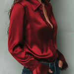 Elegant Burgundy Lace Trim Satin Blouse With Flared Cuffs