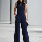 Navy Sleeveless Plunge-Neck Wide-Leg Jumpsuit