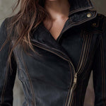 Vintage Washed Denim Moto Jacket – Charcoal Edge