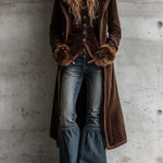 Brown Microfiber Suede Maxi Coat With Metal Buttons And Faux Fur Frim