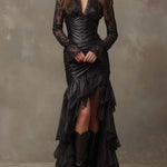 Black Faux Leather Corset Maxi Dress With Lace Sleeves