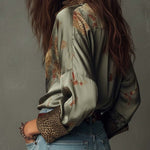 Satin Floral Button-Down Shirt With Leopard Trim