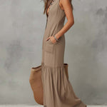 Classic Khaki Pure-Cotton Sleeveless Maxi Dress