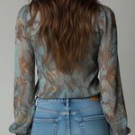 Printed Ruffled Zip-Front Chiffon Blouse – Mist Blue Snake Floral