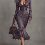 Dusty Mauve Lace-Trim Ruched Midi Dress