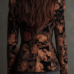 Velvet Floral Print Blazer In Black And Bronze